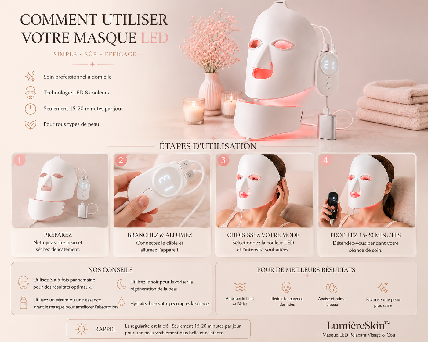LumièreSkin™ – Masque LED Relaxant Visage & Cou
